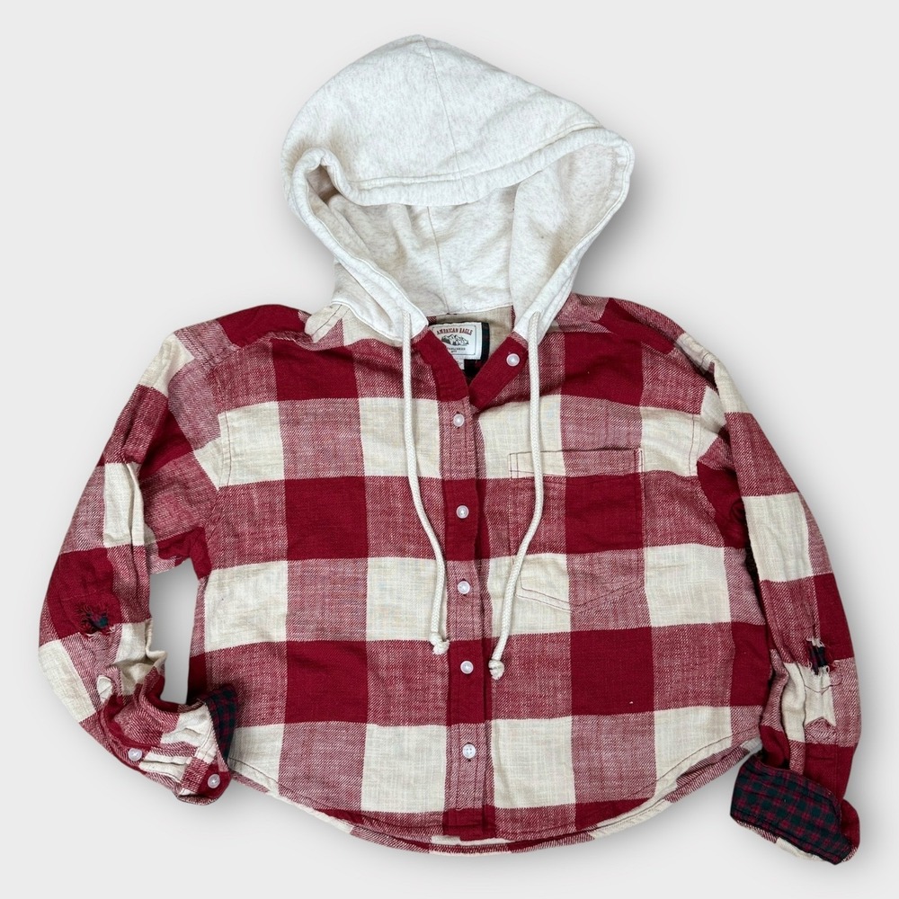 American Eagle Cropped Hooded Flannel Hoodie Small Red Buffalo Plaid Long Sleeve